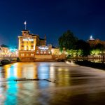 Hotel Baker along the Fox River at night