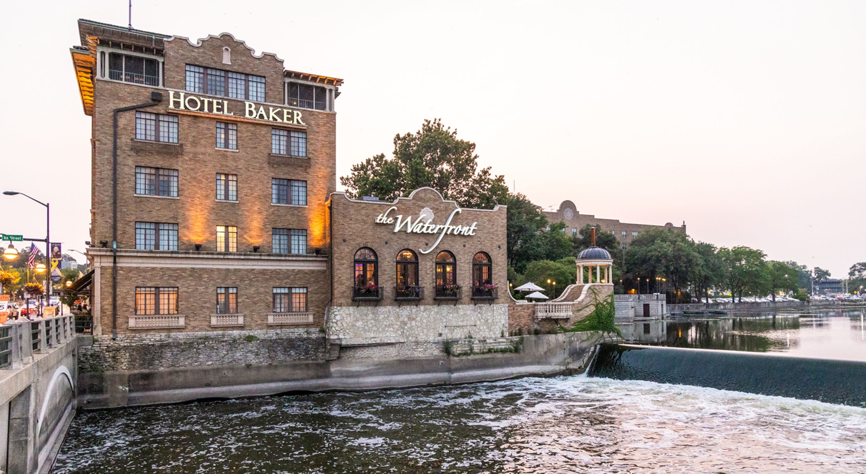 Exterior of Hotel Baker along the Fox River