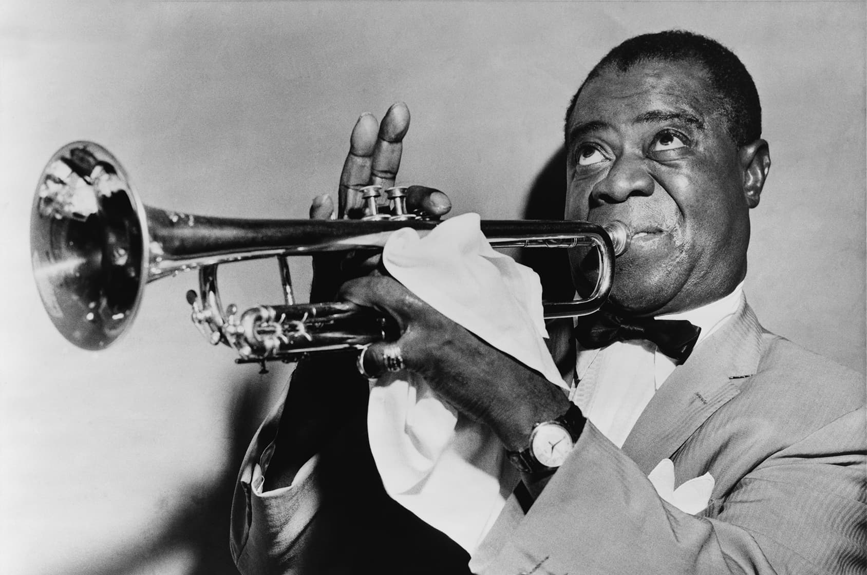 World-Telegram photo of Louis Armstrong playing the trumpet