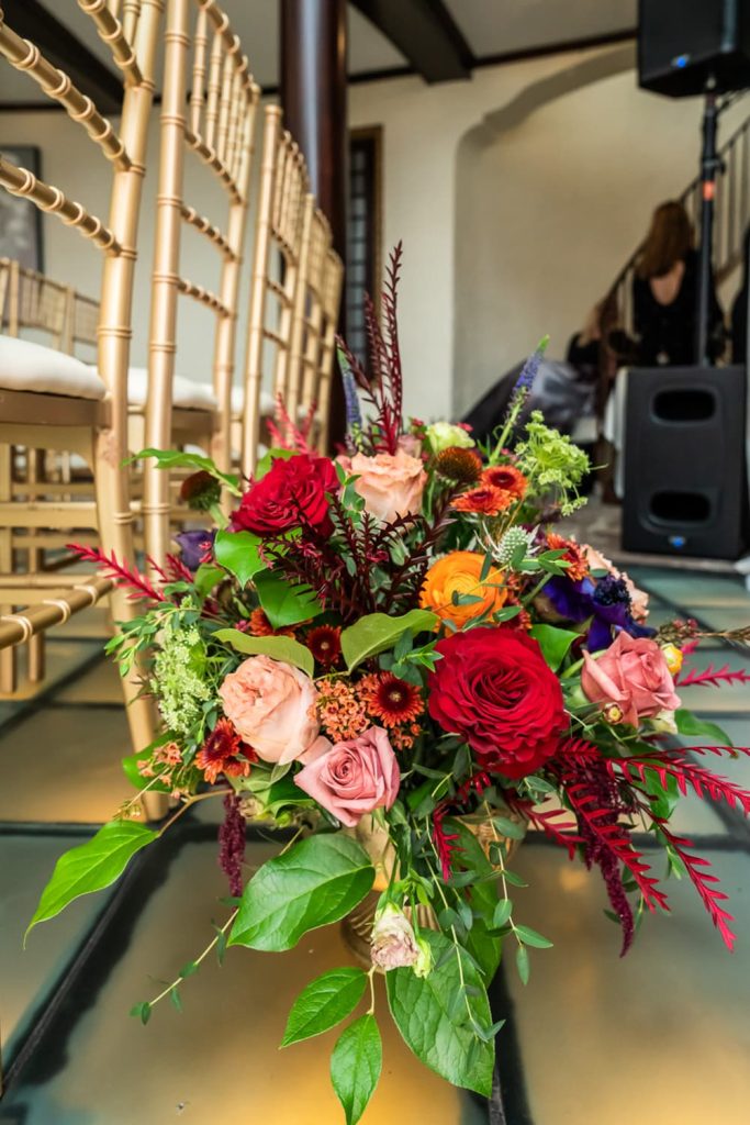 Wedding bouquet on wedding reception floor