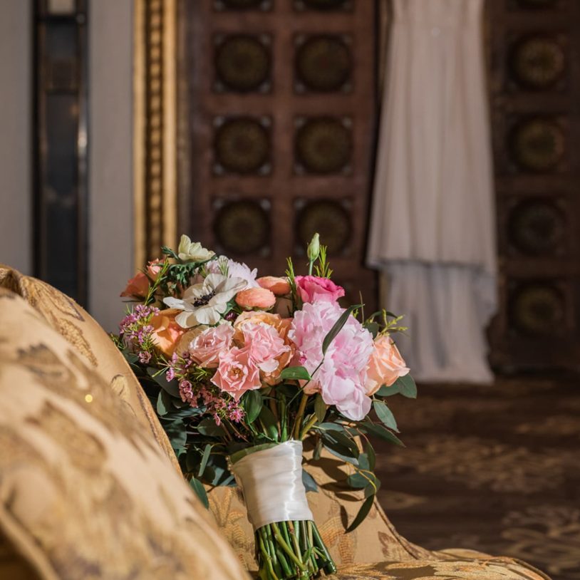 Beautiful wedding bouquet in seating area at St. Charles, IL wedding venue