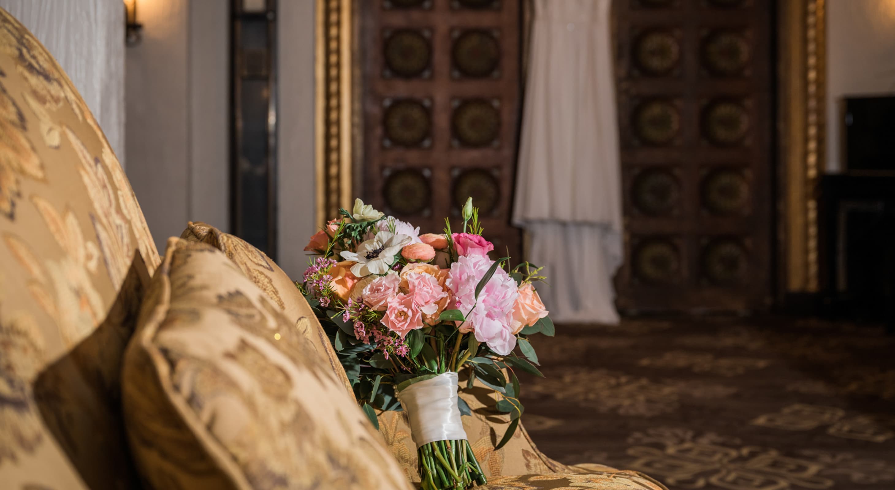 Beautiful wedding bouquet in seating area